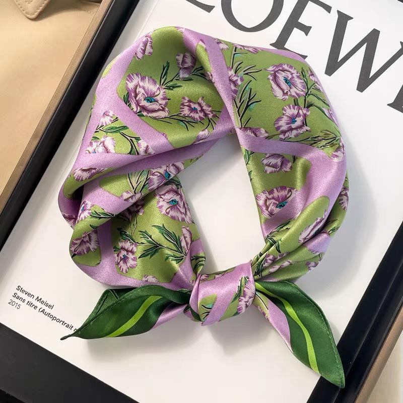 Dámský béžový hedvábný šátek - 53 cm Korejský styl Tištěný čtverec, 100% morušové hedvábí na jaro/léto