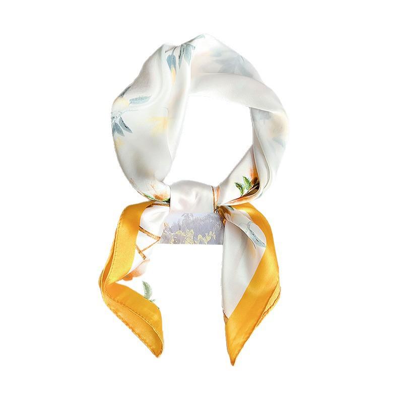 Silk Scarf Neck Small Square Scarf Light Pink Flower Simulation Silk Scarf Women's Summer Travel with Fresh and Sweet Small Scarf