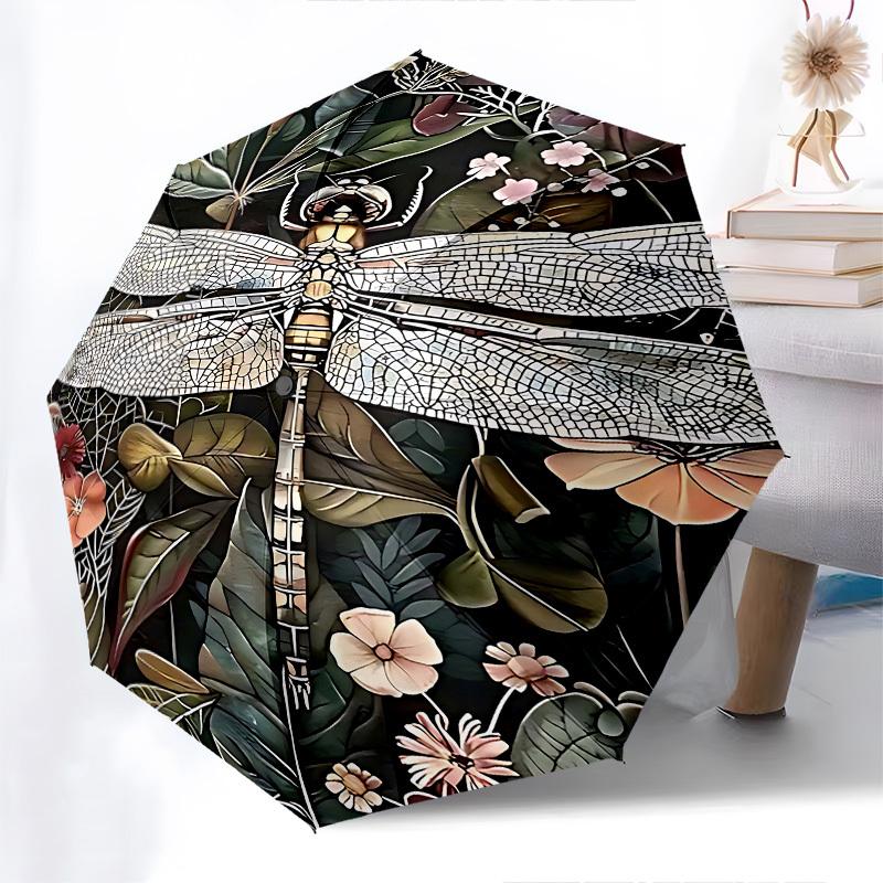 1pc Dragonfly Flowers umbrella with 8 iron ribs and a plastic handle, automatic opening and closing, and daily use.1044