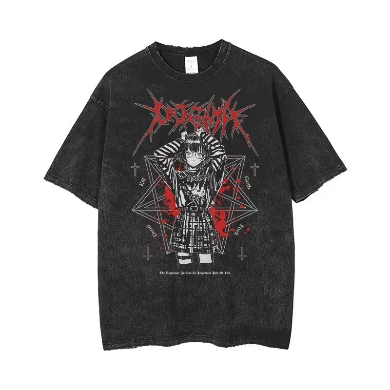 Anime Pánská trička Gotické potištěné tričko Hip Hop Streetwear Punk Léto Vintage Prané Oversized Top Pánské oblečení