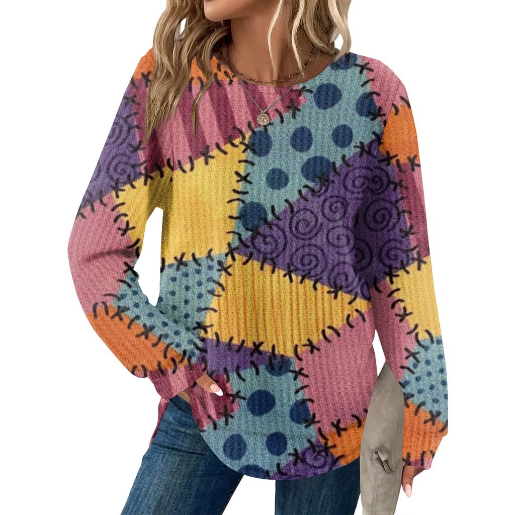 Dámský kostkovaný top s kulatým výstřihem, dlouhým rukávem, ležérního volného střihu