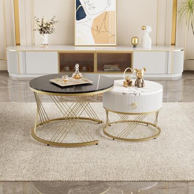 Coffee Table Set of 2, 70x70 Cm+50x50 Cm, Marble Look with Gold Decor, Side Table with Drawers, Height-adjustable Feet, Black and Gold