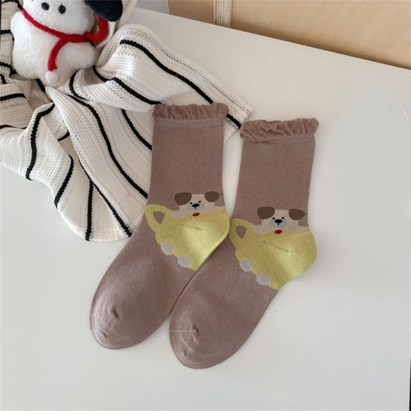 Fashionable Middle Calf Socks with Cartoon Animal Designs in Soft Cotton Bubble Cuffs Crew Socks Hosiery for Women Teens