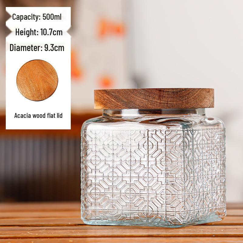 Retro Carved Storage Jar with Acacia Wood Lid for Grains, Dried Fruits, and Snacks