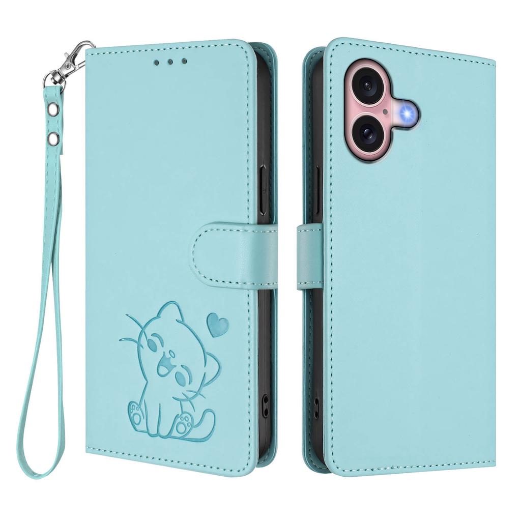 For iPhone 16 Wallet Case with Wrist Strap Love Cat Pattern Imprint Leather Phone Cover