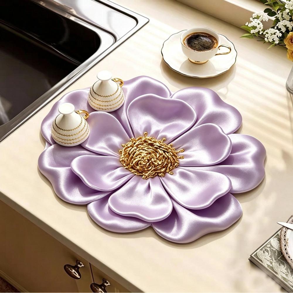 3D Flower Design Dish Draining Mat Water Absorbent Flower Countertop Mat  Bathroom