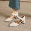 Cowhide light luxury style pointed bow strap with thick heel sandals, versatile for women's commuting