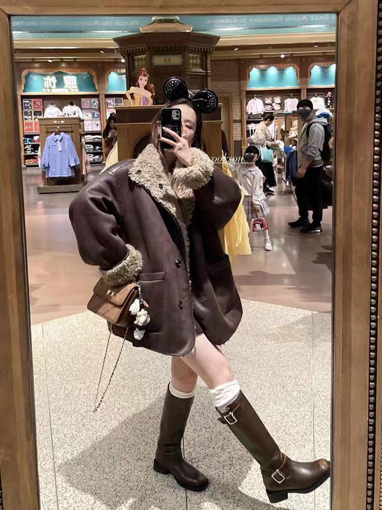 HEYGIR Black Double-Sided Leather Fur Motorcycle Jacket: Women's Winter Warm Loose Fit.