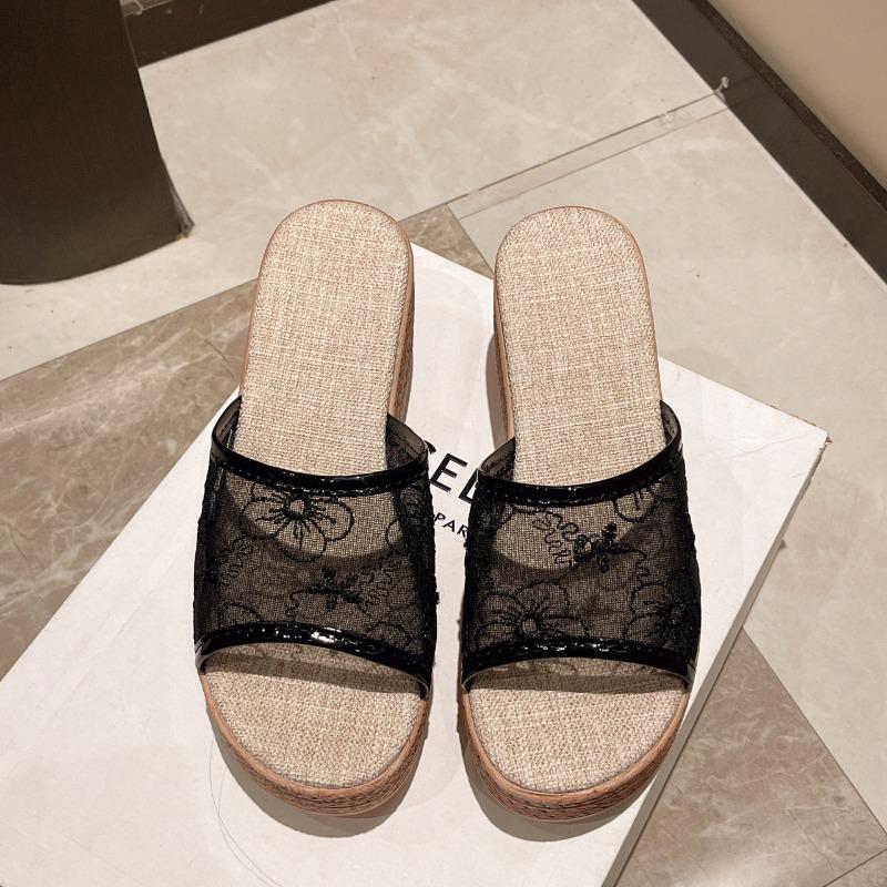 Fashion Women's Slope Heel Sandals Summer New Round Head Open Toe Net Cloth Embroidery Thick Sole Non-slip High-heeled Slippers