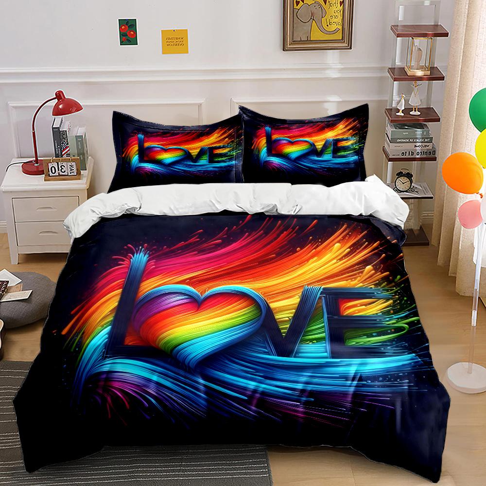 Rainbow Heart-Shaped Art Letters Bedding Set For Kids Luxury Gift 3Pcs Digital Print Comforter Set Soft Comfortable Breathable