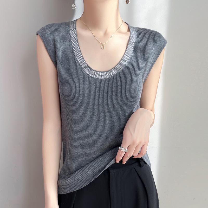 Damen Frühling Neu Kammwolle U-Ausschnitt Rautenstrickweste Locker Ärmellos Einfarbig Kleine Weste