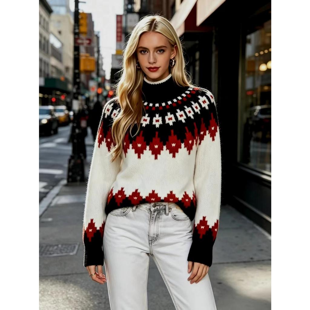 Fall Winter Women's Fair Isle Pattern Half Turtleneck Sweater, Loose Soft Rhombus Jacquard Knit Lazy Top