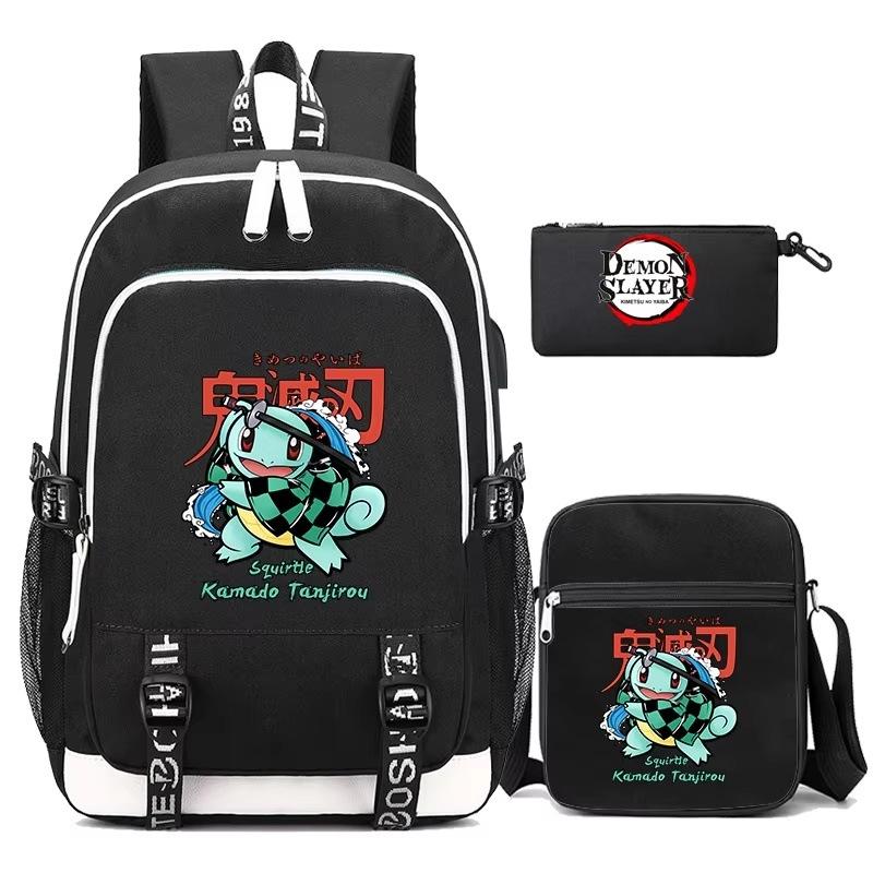New student schoolbag three-piece set, ghost extinguishing peripheral printed backpack, men's and women's versatile casual shoulder bag, pencil bag.