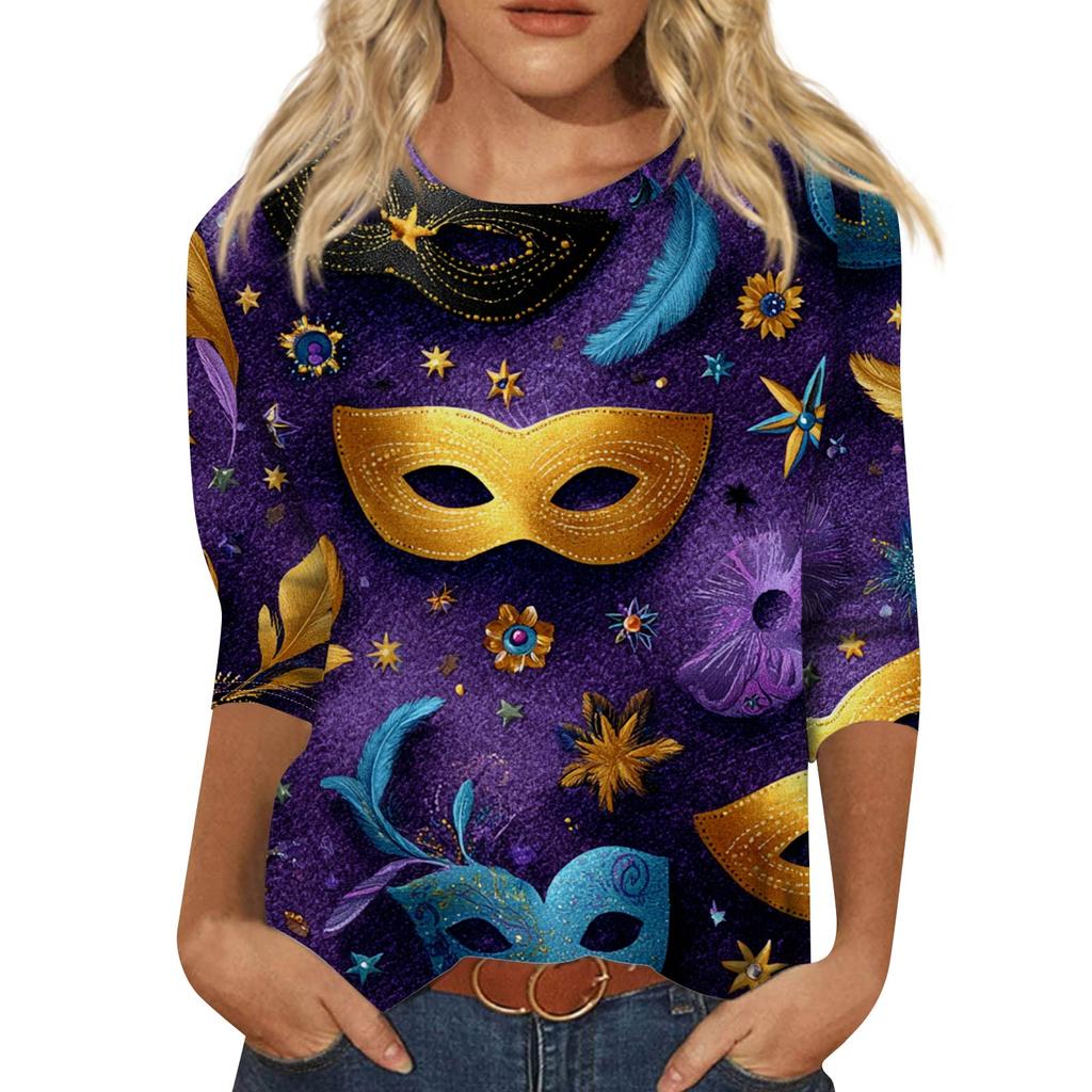 Dámský módní ležérní top s tříčtvrtečním rukávem a karnevalovým potiskem u krku