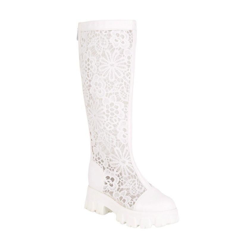 Womens Chunky Sole Platform Ankle Boot With Round Toe Side Zip Mid Heel PU Leather Stylish Knee-High