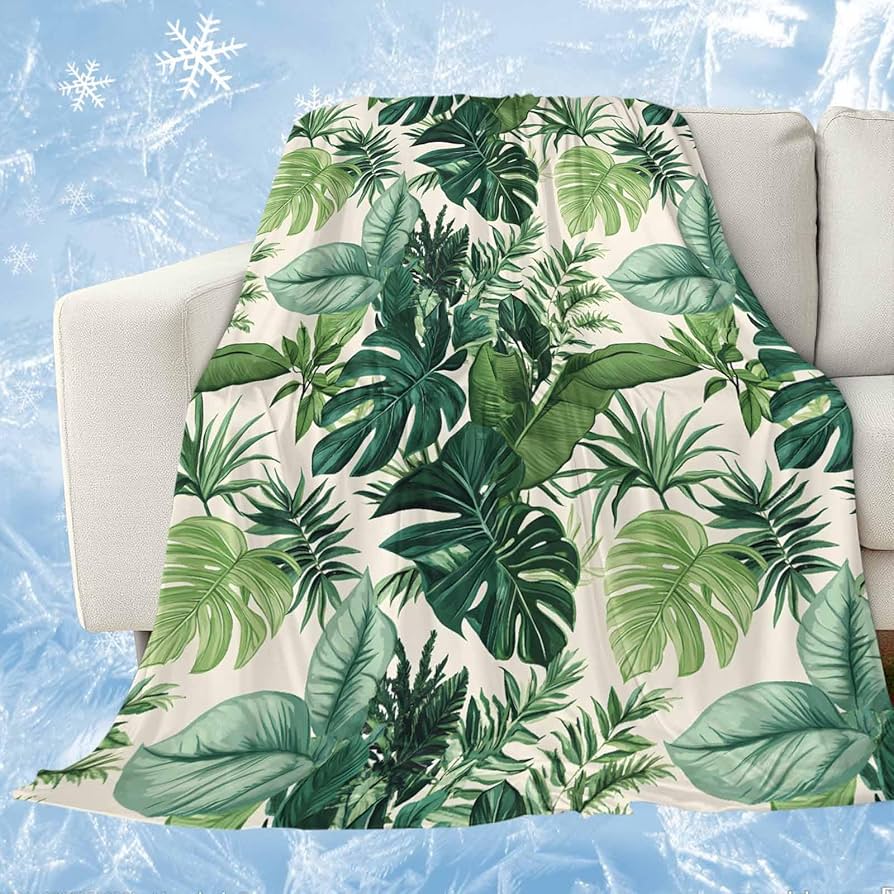 Coperta Plaid Verde Tropicale con Foglie Palma Monstera in Pile per Divano Letto Tema Festivo Accogliente Morbida Coperta Decorativa Regalo Caldo