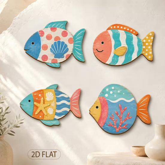 Seaside Bathroom Wall Art 4PCS Aspen Wood Fish Decor, Colorful Hanging Handcrafted Set Art, Beach Theme Decorative Plaques for Living Room Nautical