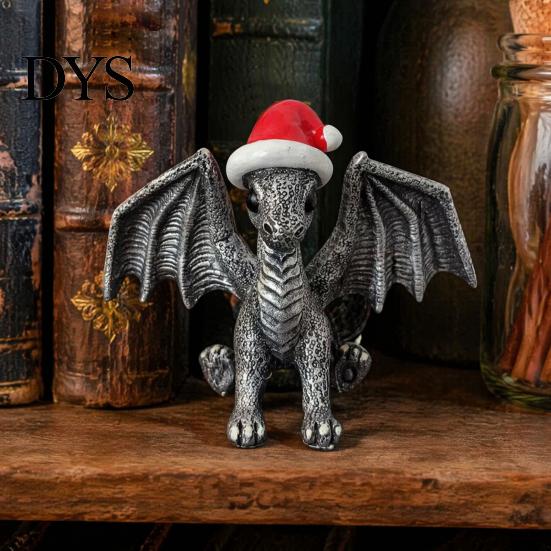 Detailed Dragon Ornament Santa Hat Figurine Ornament, Retro Resin Christmas Ornaments Decoration, Distressed Statue for Desktop Tree Decor Fantasy