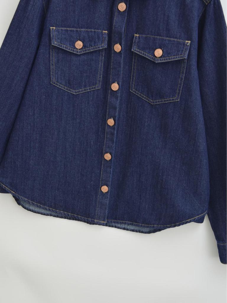 European Retro Dark Blue Denim Shirt for Women - Early Spring 2026 Fashion, Loose Fit with Lapel Collar.