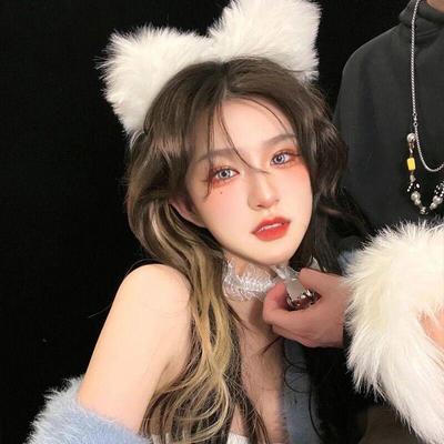 White Cat Ears Headband: Women's Plush Rabbit Fur Hair Accessory for Face Wash & Headdress.