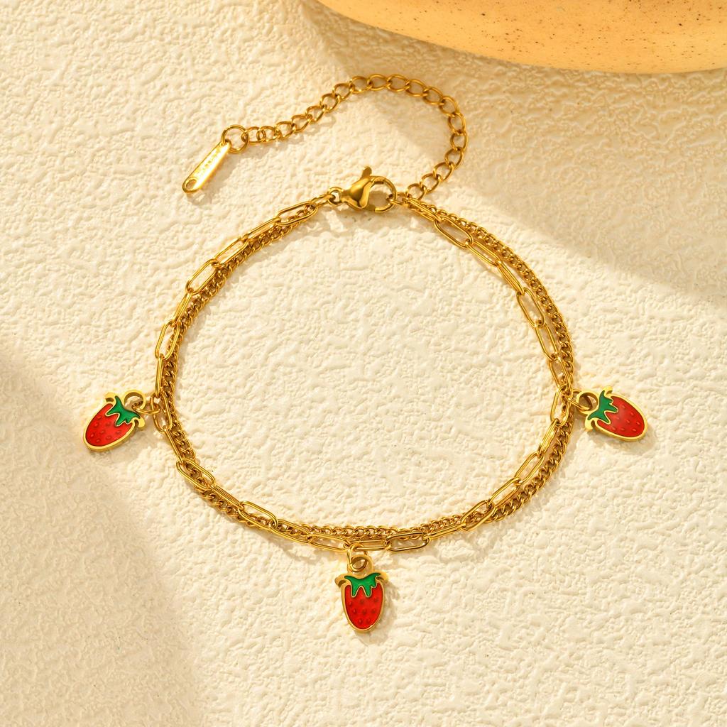 Doppellagiges Erdbeer-Armband aus Edelstahl für Damen Mädchen, Wasserdichte Armbänder in Goldfarbe, Täglicher Schmuck Niedliche Geschenke