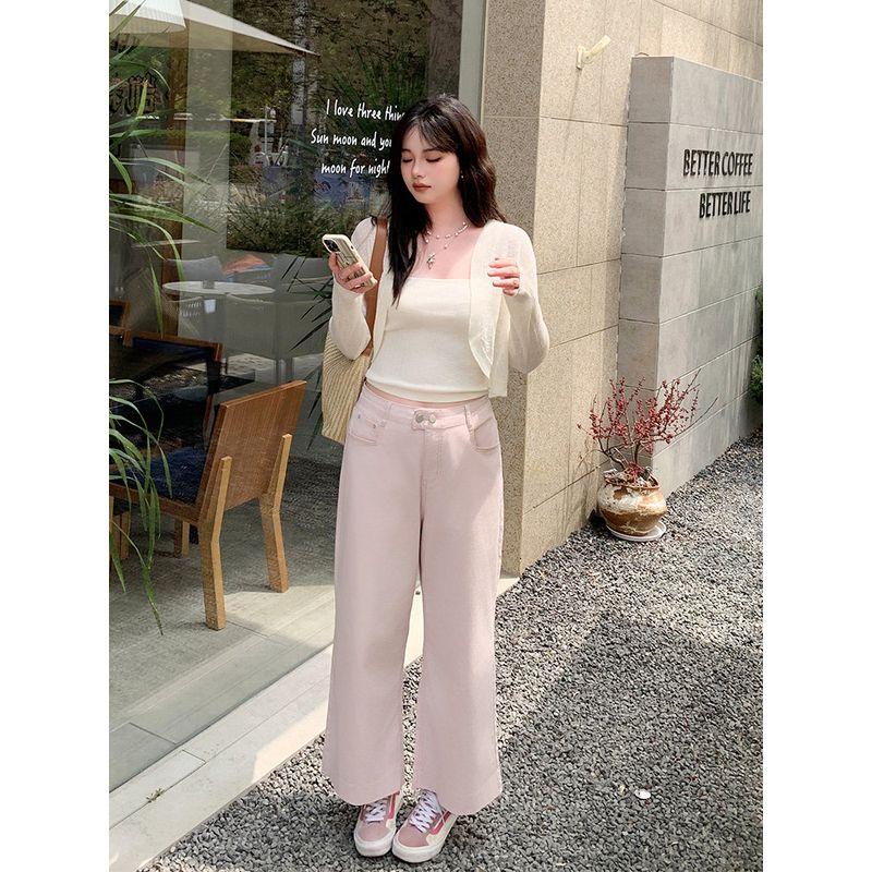 Yuzi Wide-Leg Jeans Plus-Size Women's American Retro Style High-Waisted Slimming Pink Cropped Pants for Spring and Autumn