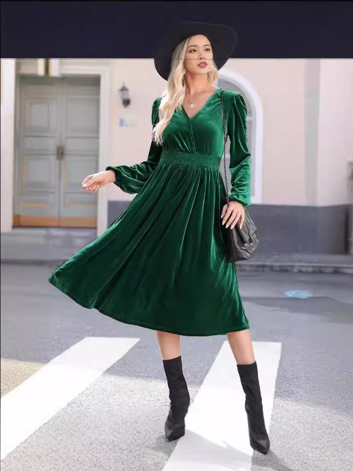 2024 Herbst/Winter Einfarbiges V-Ausschnitt Rüschen Langarm Hohe Taille Kleid für Damen
