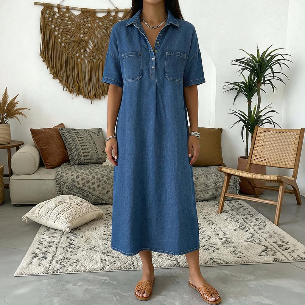 Loose Fit V Neck Denim Look Dress for Women Mid Length Short Sleeve Casual Shirt Dress with Front Pockets and Button Placket