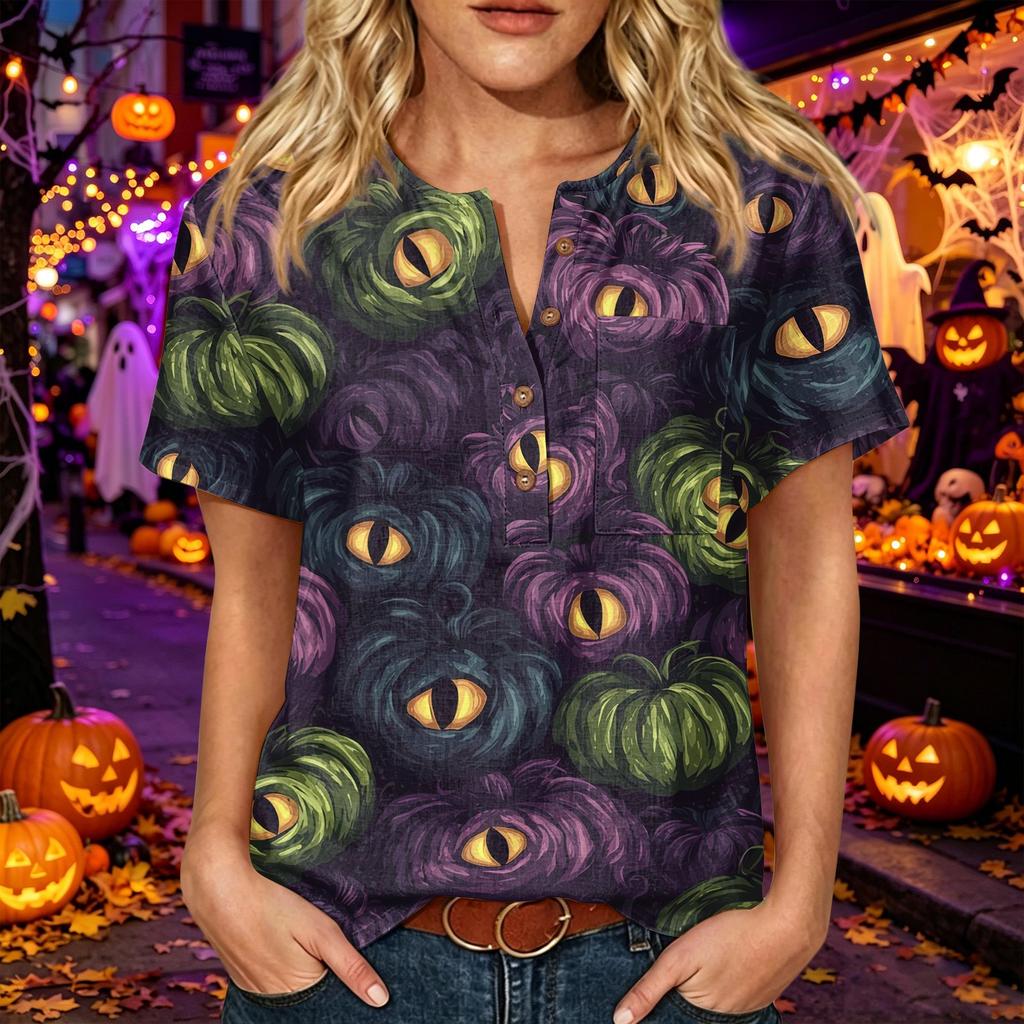 Women's Casual Halloween Print V Neck Short Sleeve Button Detail Three Quarter Sleeve T Shirt Top for Everyday Wear