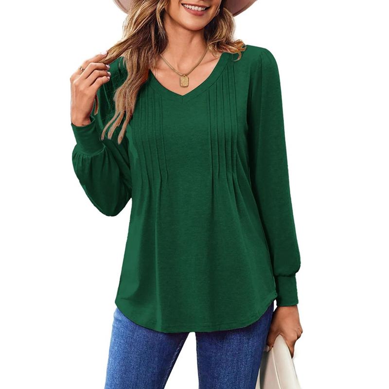 Kobiety Wiosna i Jesień Jednolity Kolor Plisowany Dekolt V Luźna Bluzka Koszula z Długim Rękawem