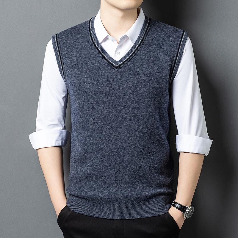 100% Wool V-Neck Knit Sweater Vest - Autumn 2025 Business Casual for Middle-aged Men