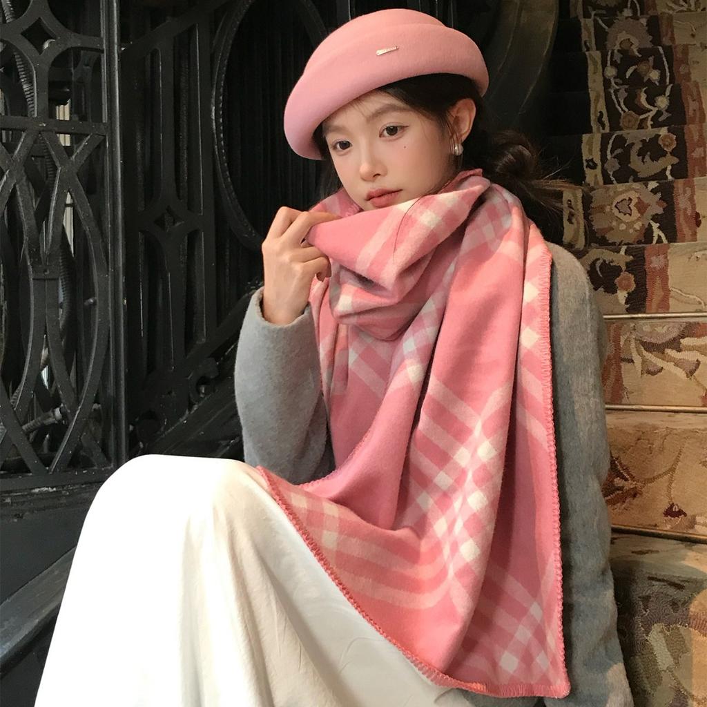 Pink Classic Checkered Scarf for Women Autumn and Winter Korean Style Scarf Shawl  Long  Warm and Thick