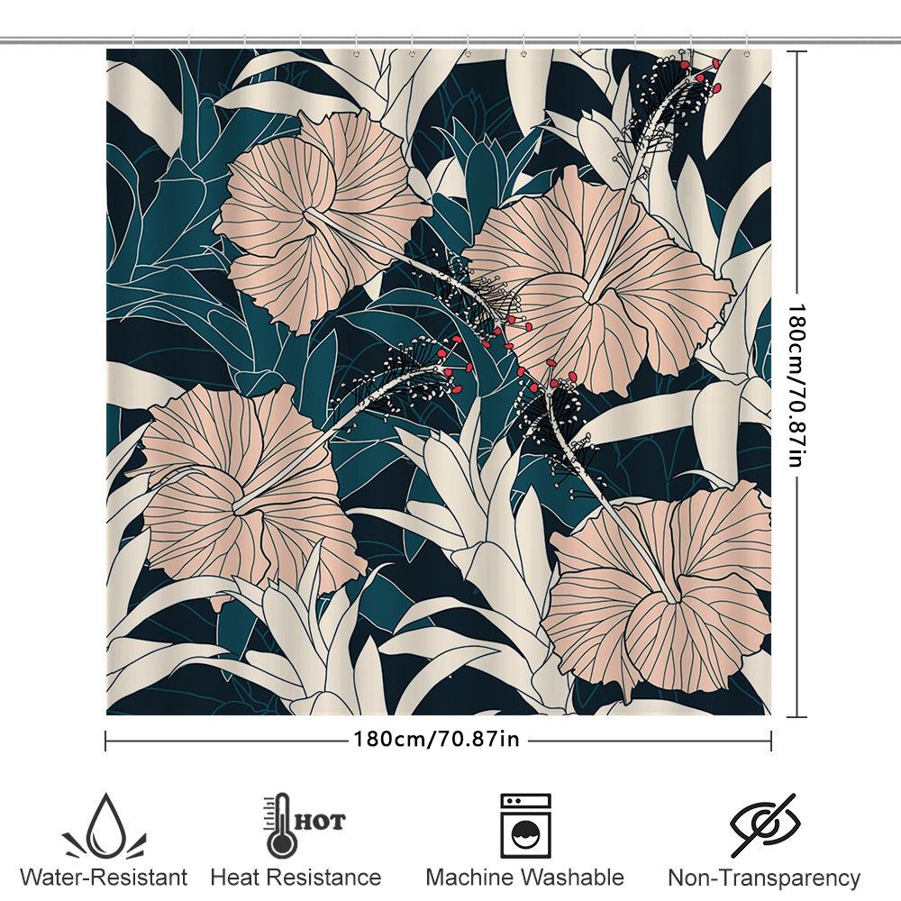 High-Quality Fabric Shower Curtain with White Hibiscus Flowers Printed in Greenish Blue Perfect Decor for Your Bathroom
