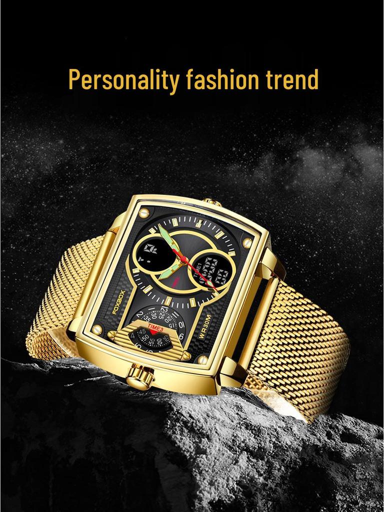 Men's Fashionable Square Dual Display Quartz Watch for Students with Large Dial