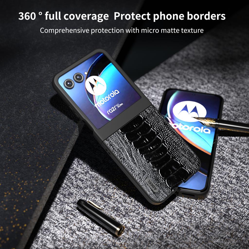 For Motorola Razr 50 5G Case Genuine Cow Leather+PC Hard Phone Cover Crocodile Texture