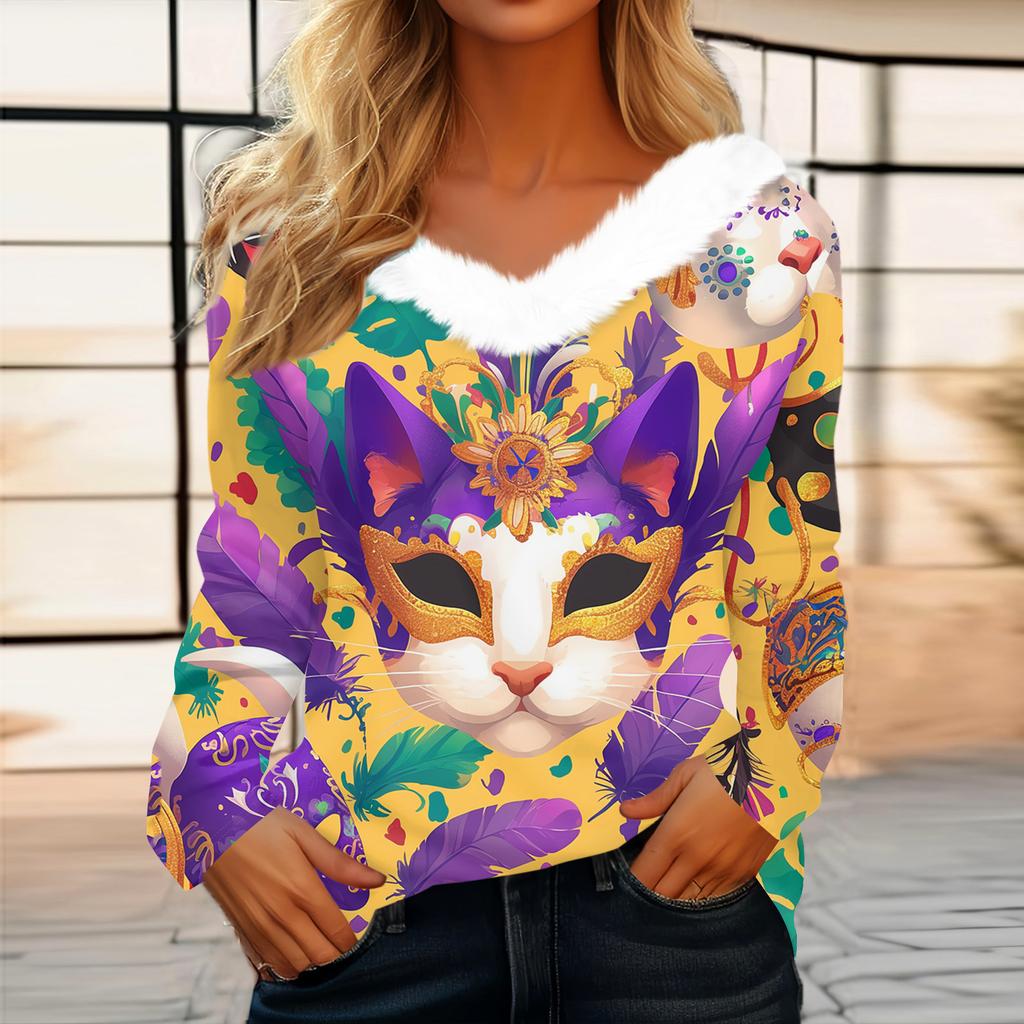 Dámský volný ležérní top s dlouhým rukávem a potiskem, plyšový límec ve tvaru V, top s dlouhým rukávem