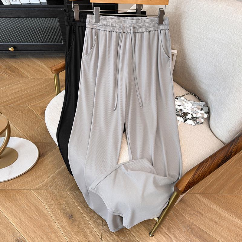 

Super Plus Size High Waist Straight Leg Ice Silk Pants for Women - Summer Thin, Loose, Cuffed Long Pants 2XL серый