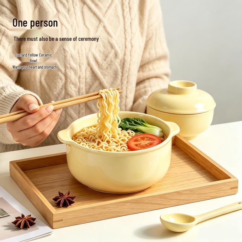 Cuenco de Cerámica Estilo Crema para Fideos Instantáneos y Sopa con Tapa y Asa