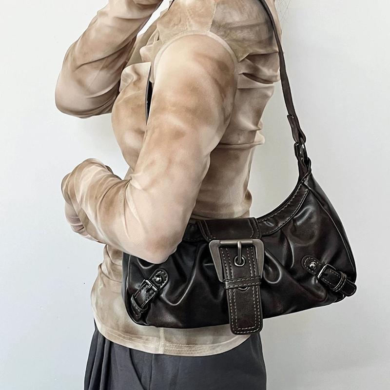 Yogodlns Retro Plisserad Axelväska Mode Maillard Hot Girl Underarmsväska Läder Punk Motorcykelväska Kvinnor Vardagliga Hoboväskor