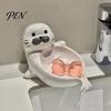 Cute Seal Soap Holder Ceramic Dish, with Self-Draining Design, Sponge Durable Organizer Tray, for Bathroom Countertop And Kitchen Sink Dish