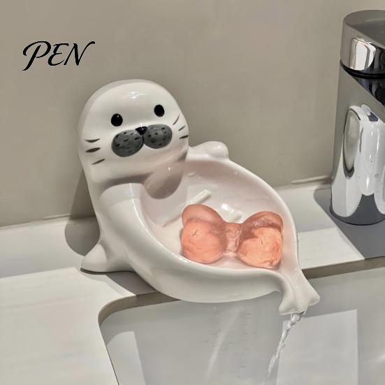 Cute Seal Soap Holder Ceramic Dish, with Self-Draining Design, Sponge Durable Organizer Tray, for Bathroom Countertop And Kitchen Sink Dish