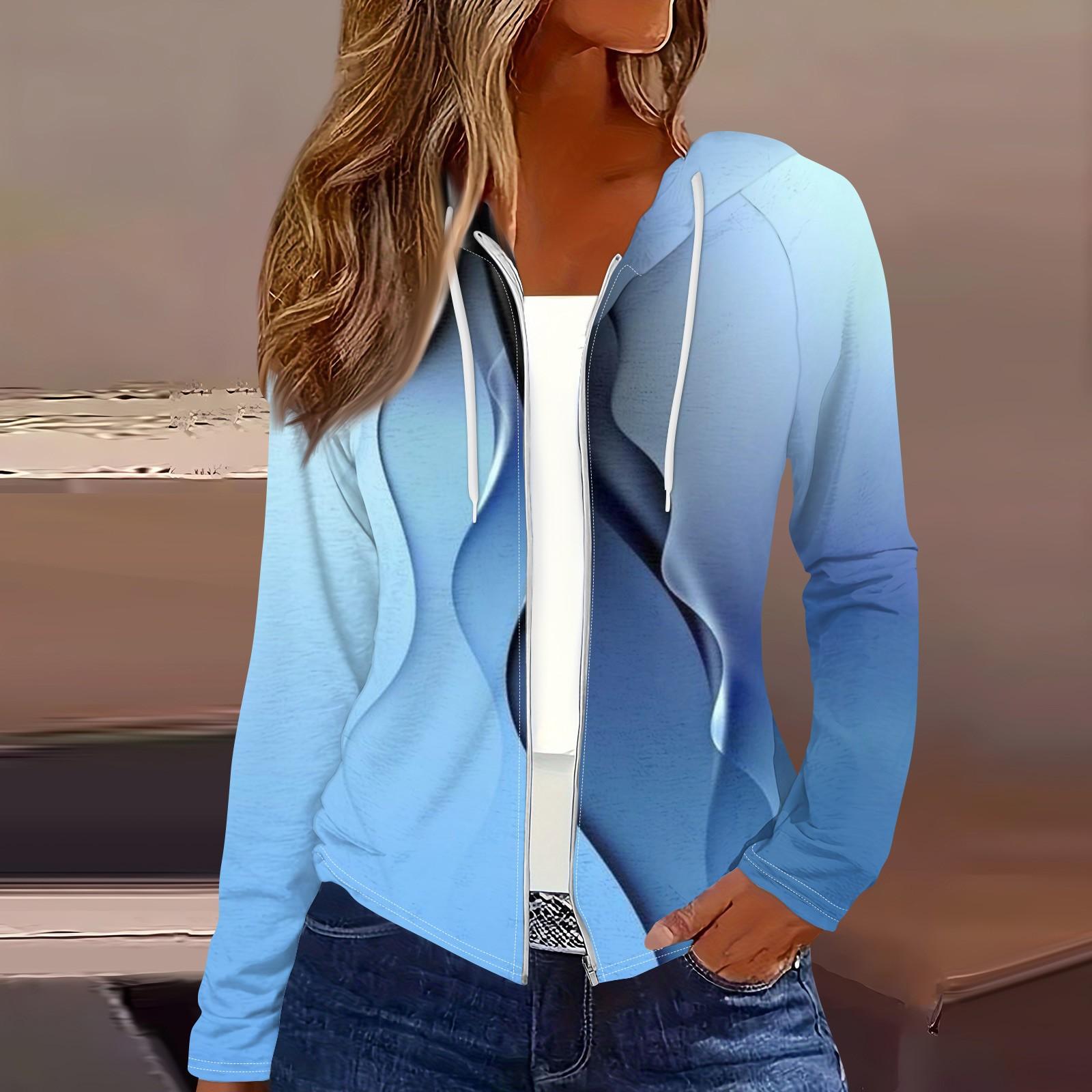 

Женская мода повседневная застежка-молния с капюшоном и принтом с длинным рукавом толстовки пальто L синий