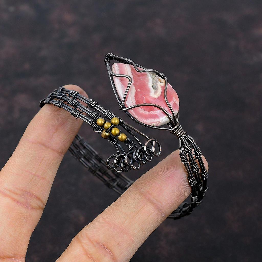 Rhodochrosite Copper Bangle Wire Wrapped Cuff Bracelet Adjustable Bangle Handmade Jewelry Gemstone Bangle Copper Wire Wrap Jewelry For Gift