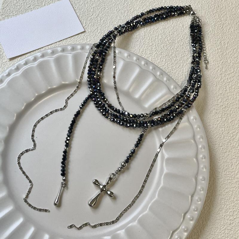 Glass beaded fringed cross multi-layer necklace stacked with high-end exaggerated collarbone chain personalized niche items