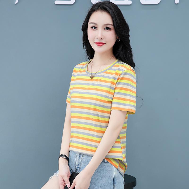 Women's Summer Round Neck Striped Cotton T-Shirt: Colorful, Casual, Loose, Age-Reducing, Slimming Design.