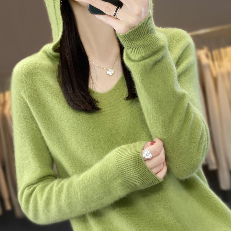 Women's V-Neck Hooded Wool Sweater - Autumn/Winter Loose Knit Pullover