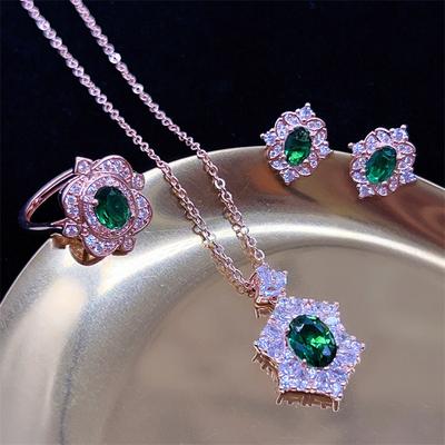 Exquisite Green Gemstone Jewelry Sets Necklace Ring Earrings Luxury Diamonds Inlaid Palace Style New In Collar Chain Pendant