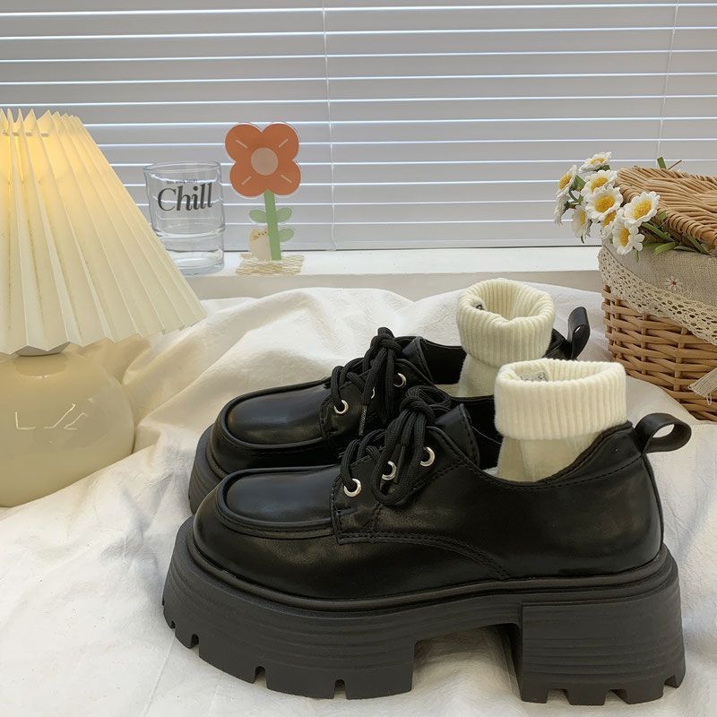Black Platform Versatile Lace-up Small Leather Shoes for Women's 2025 Spring and Autumn New Retro British Style Japanese Single Shoes