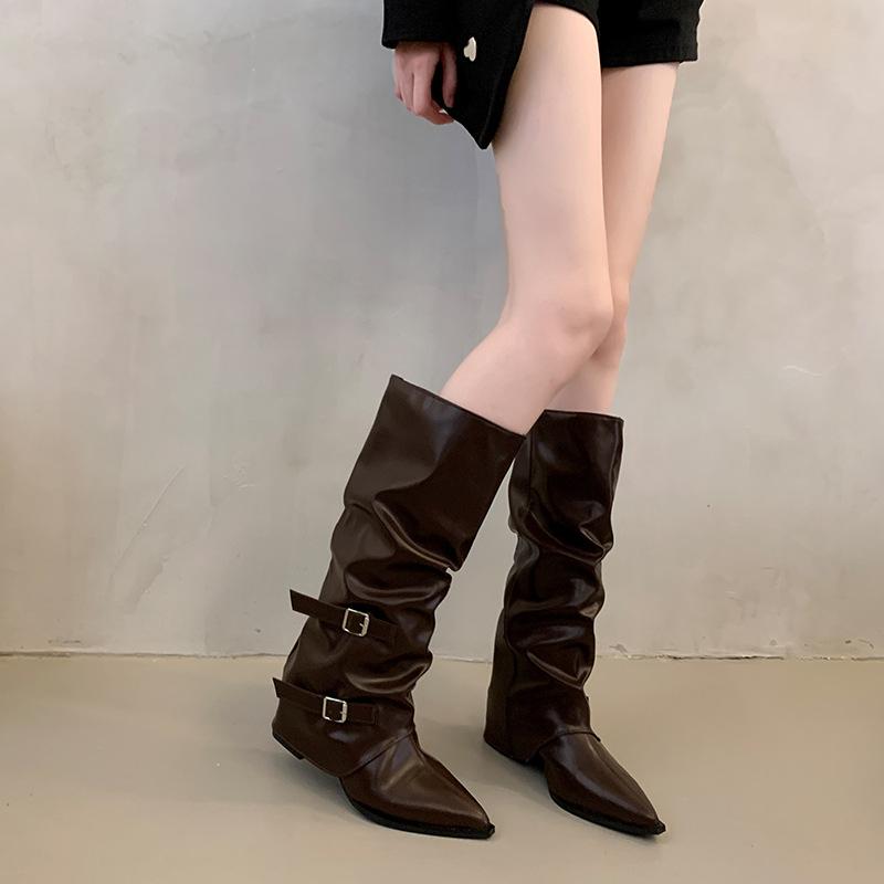 Retro thick heel pants boots pointed boots long boots women's 2025 new autumn and winter black stacking boots long knight boots
