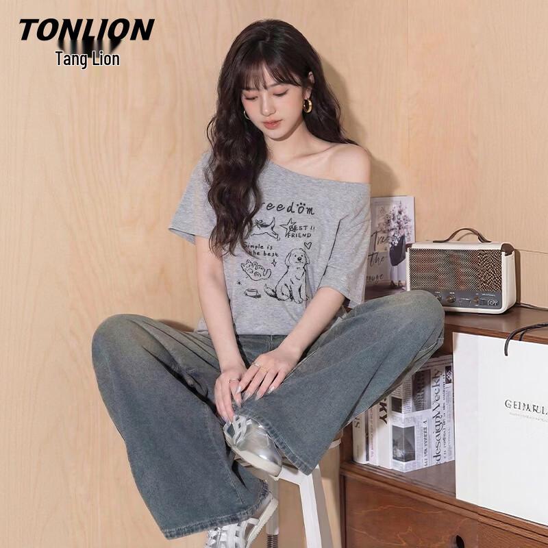 TonLion Women s One-Shoulder Ribbed Short Sleeve T-shirt M